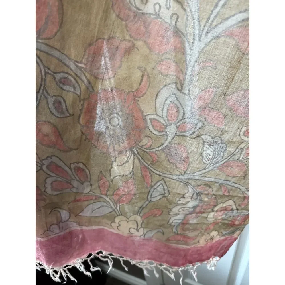 Boho Floral Bird Print Lightweight Scarf Wrap Shawl Fringe Olive Pink